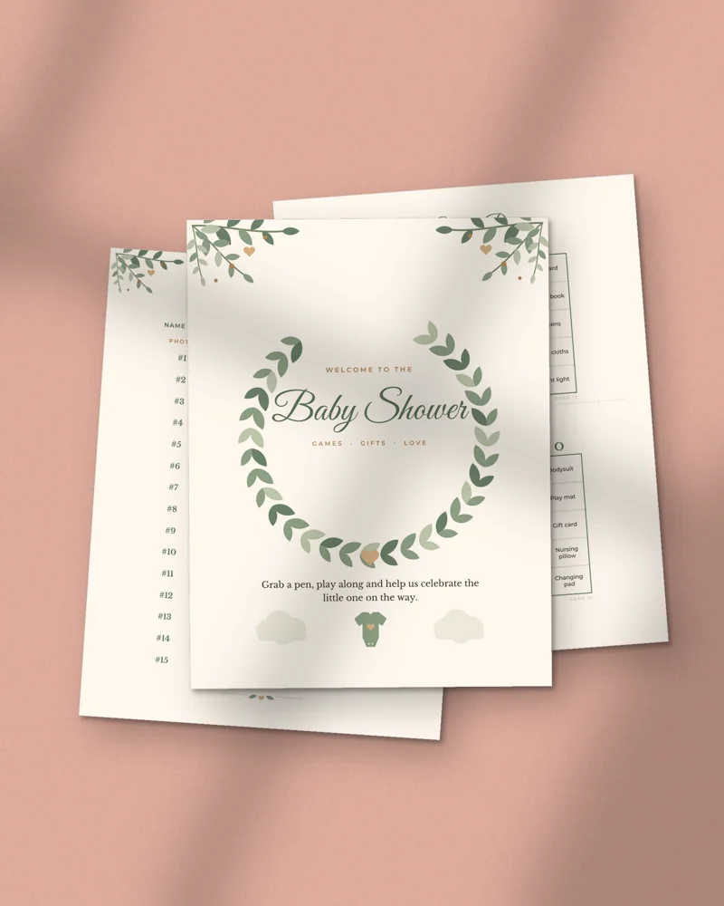 Baby Shower Games Bundle: printed pages fanned out