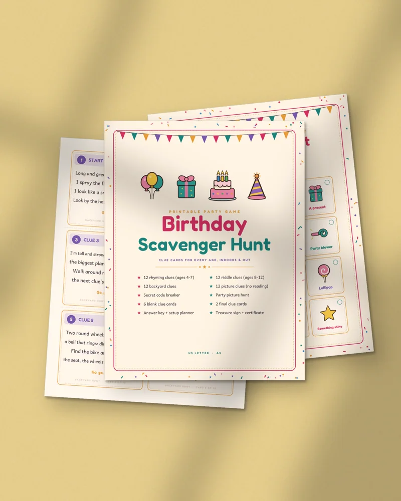 Birthday Scavenger Hunt for Kids: printed pages fanned out