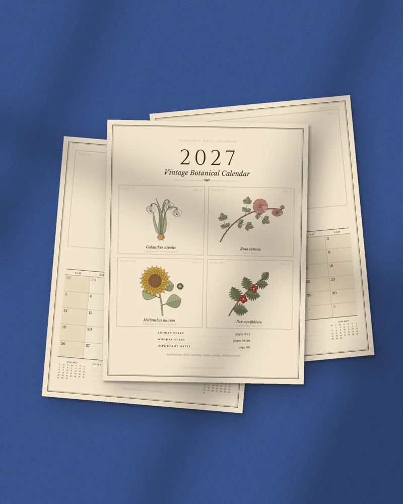 2027 Vintage Botanical Calendar: printed pages fanned out