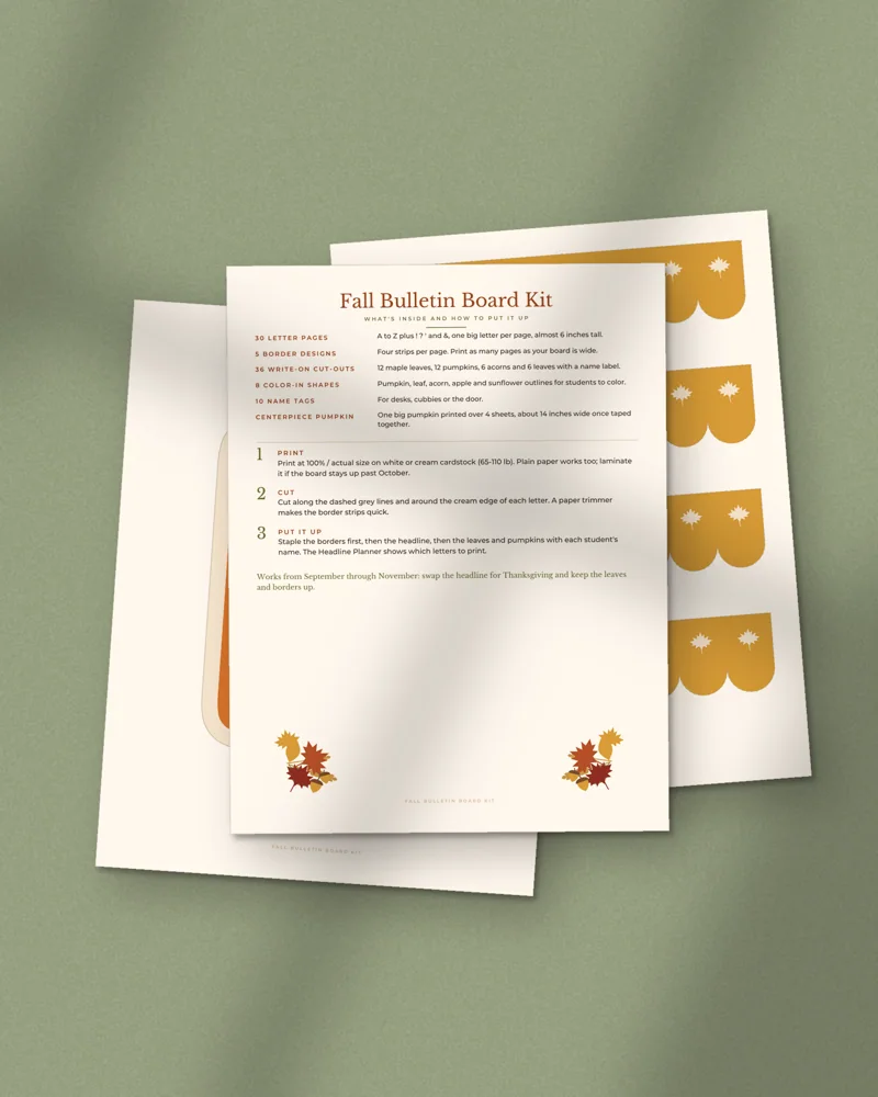 Fall Bulletin Board Kit: printed pages fanned out