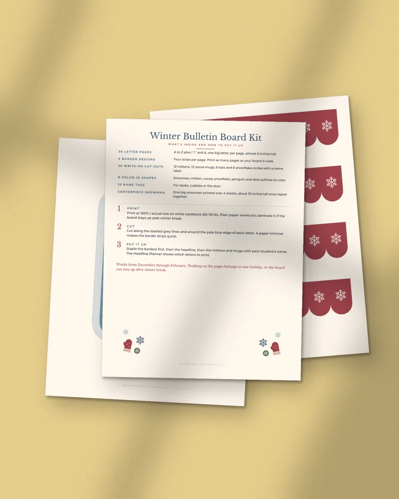 Winter Bulletin Board Kit: printed pages fanned out