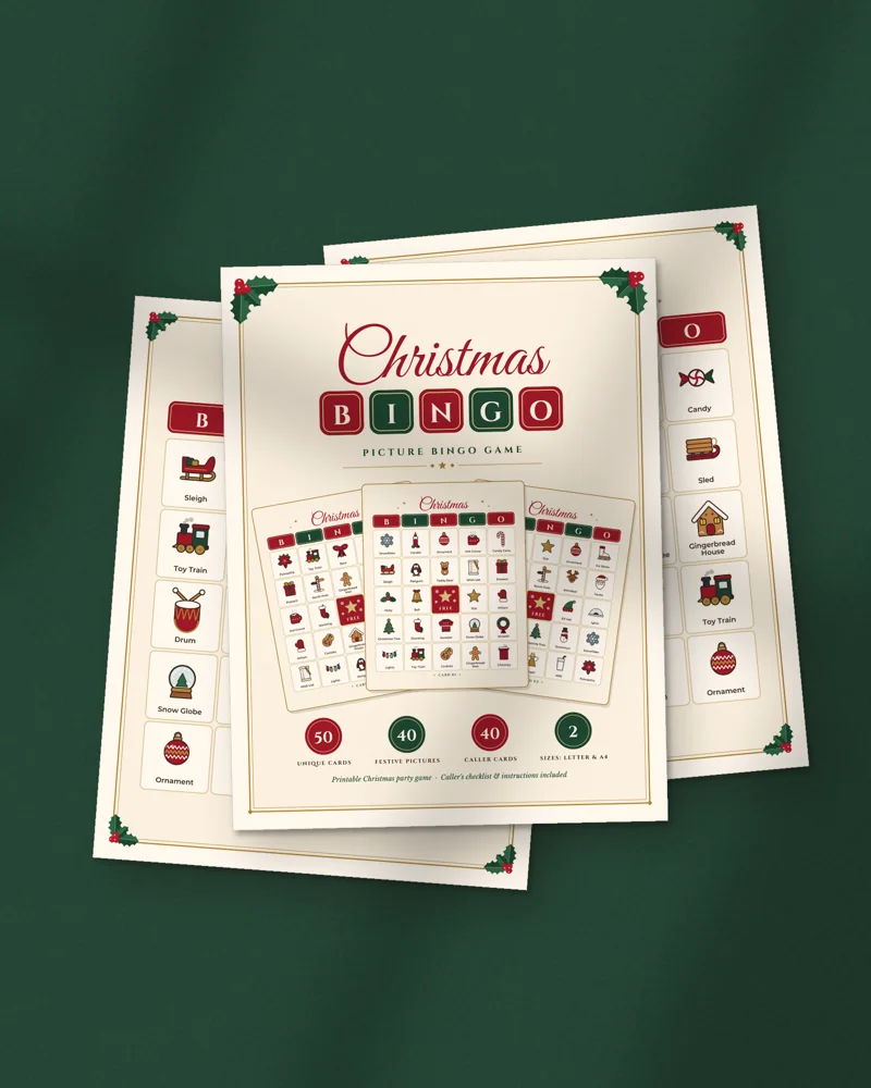 Christmas Picture Bingo: printed pages fanned out