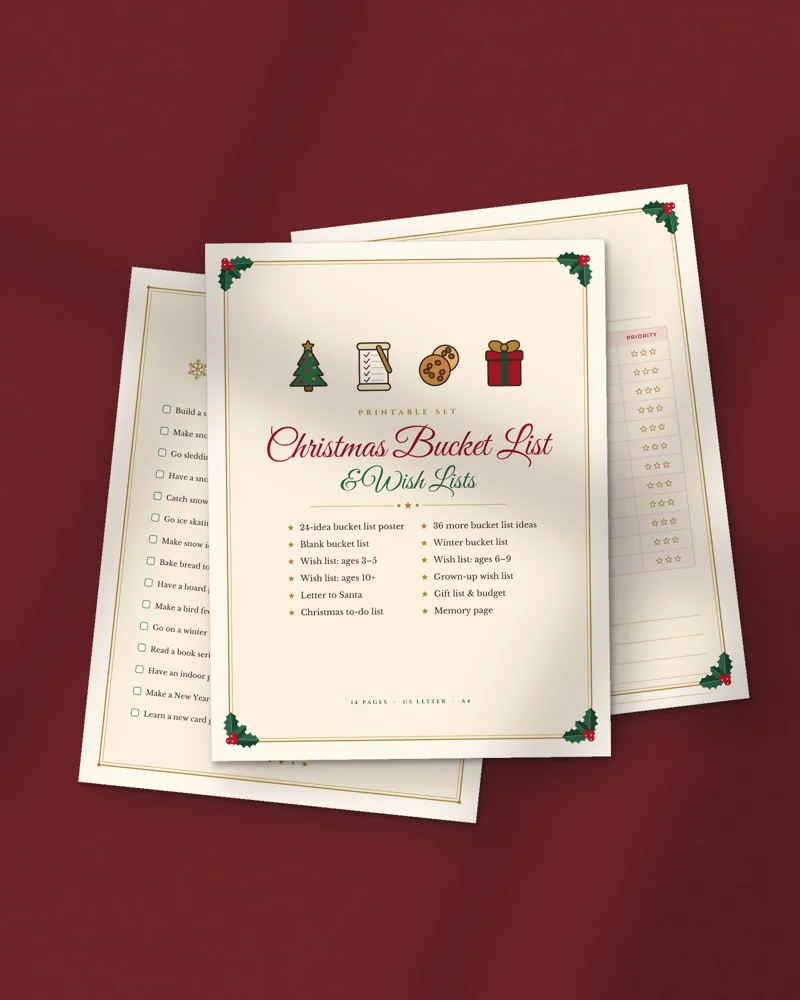 Christmas Bucket List and Family Wish Lists: printed pages fanned out