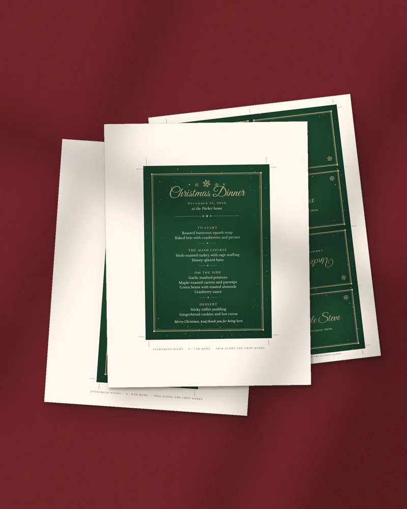 Editable Christmas Dinner Menu and Place Cards: printed pages fanned out