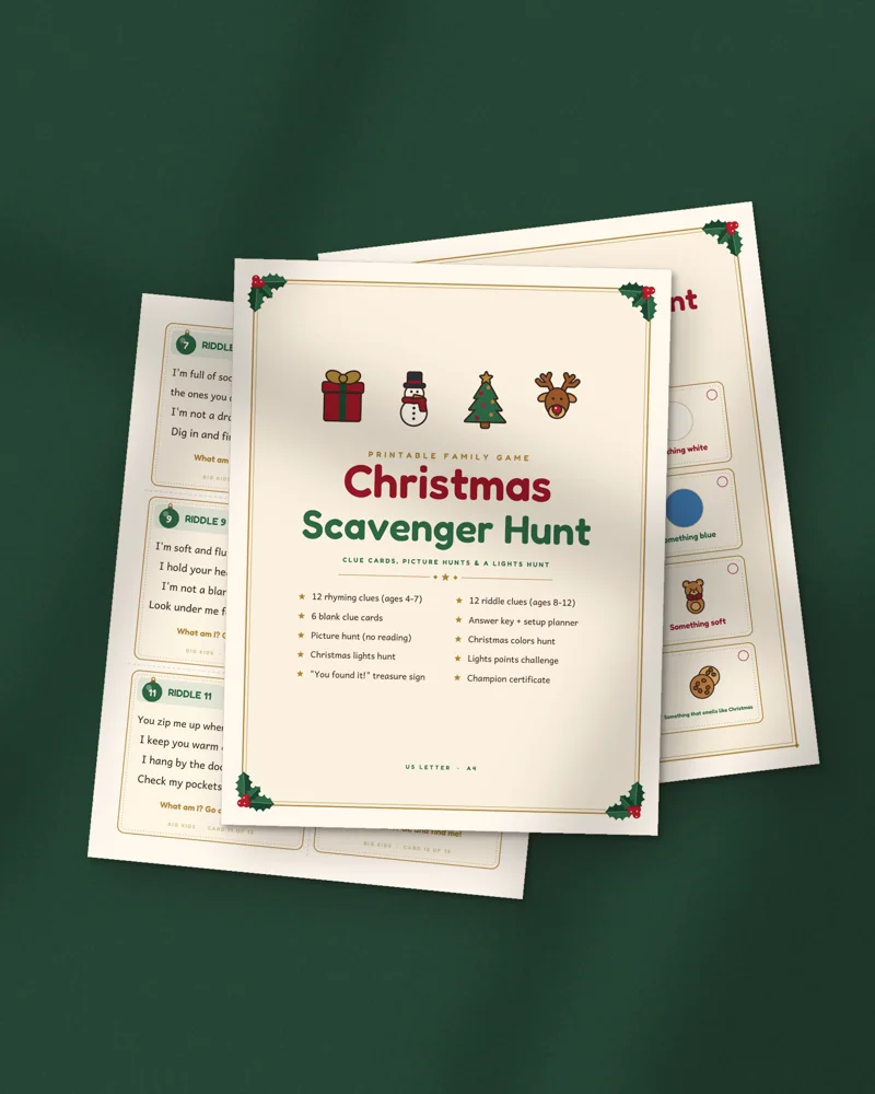Christmas Scavenger Hunt for Kids: printed pages fanned out