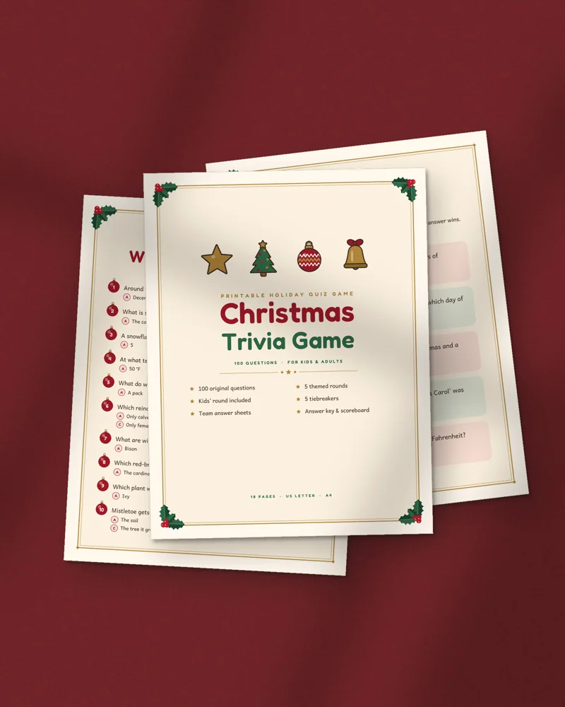 Christmas Trivia Game: printed pages fanned out