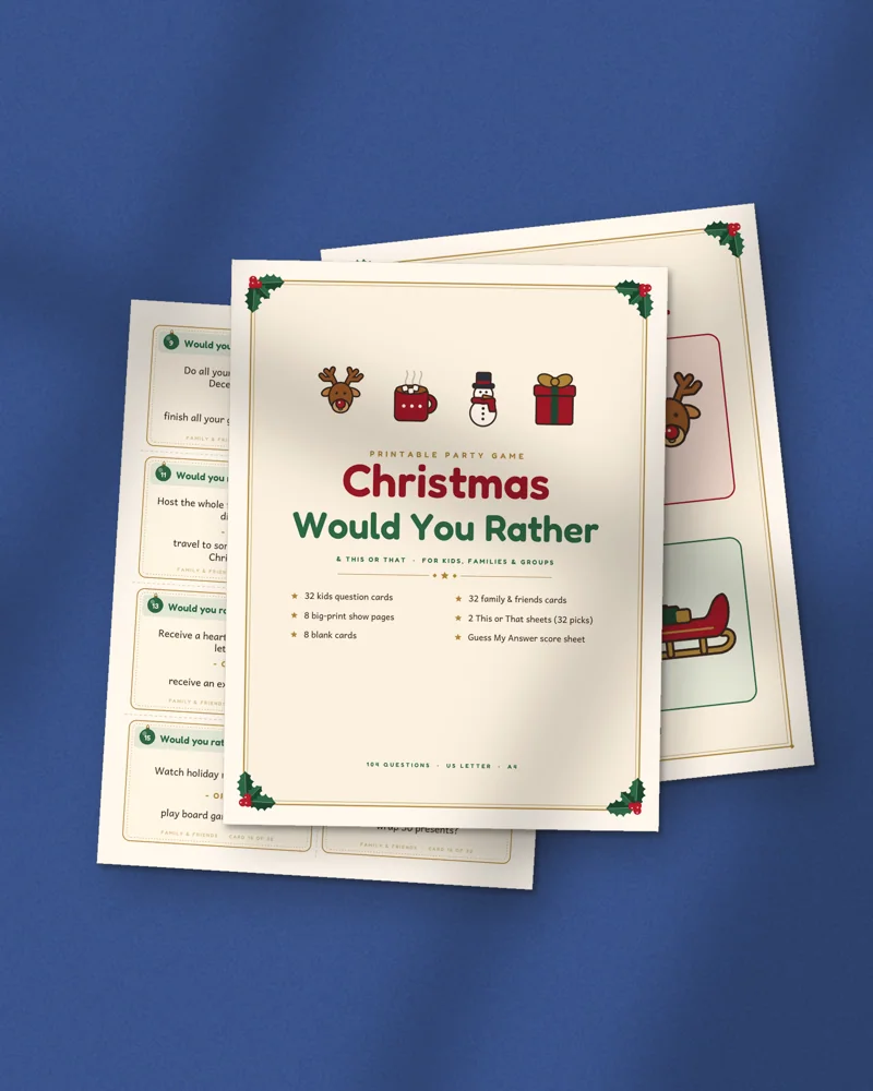 Christmas Would You Rather Game: printed pages fanned out