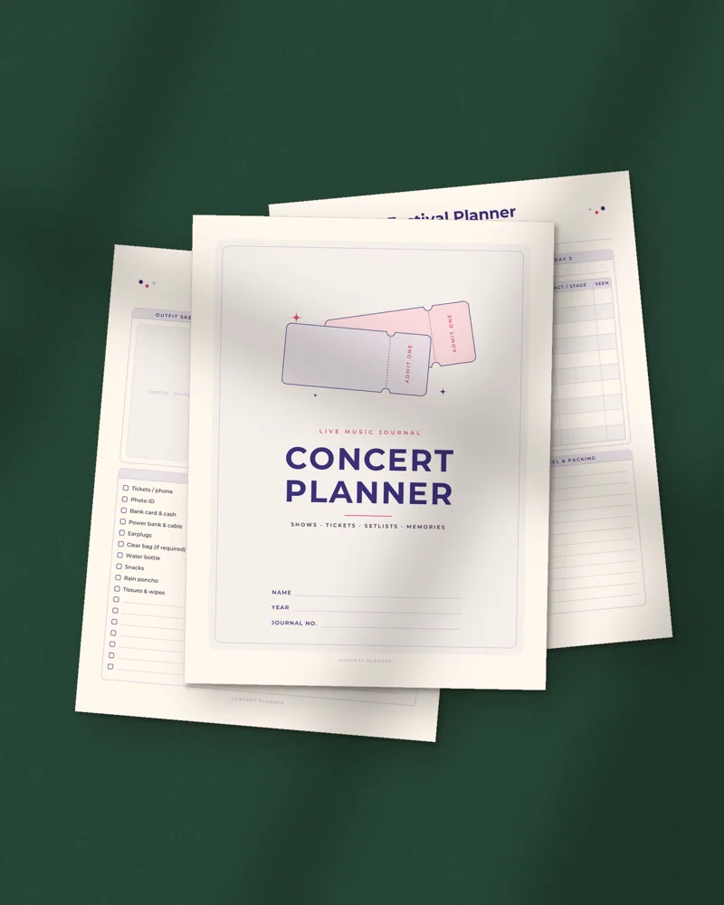 Concert Planner and Ticket Log: printed pages fanned out