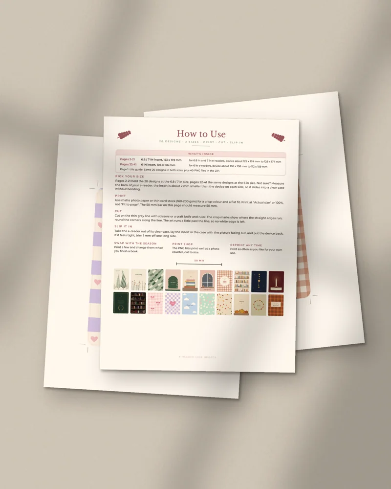 E-reader Case Inserts: printed pages fanned out
