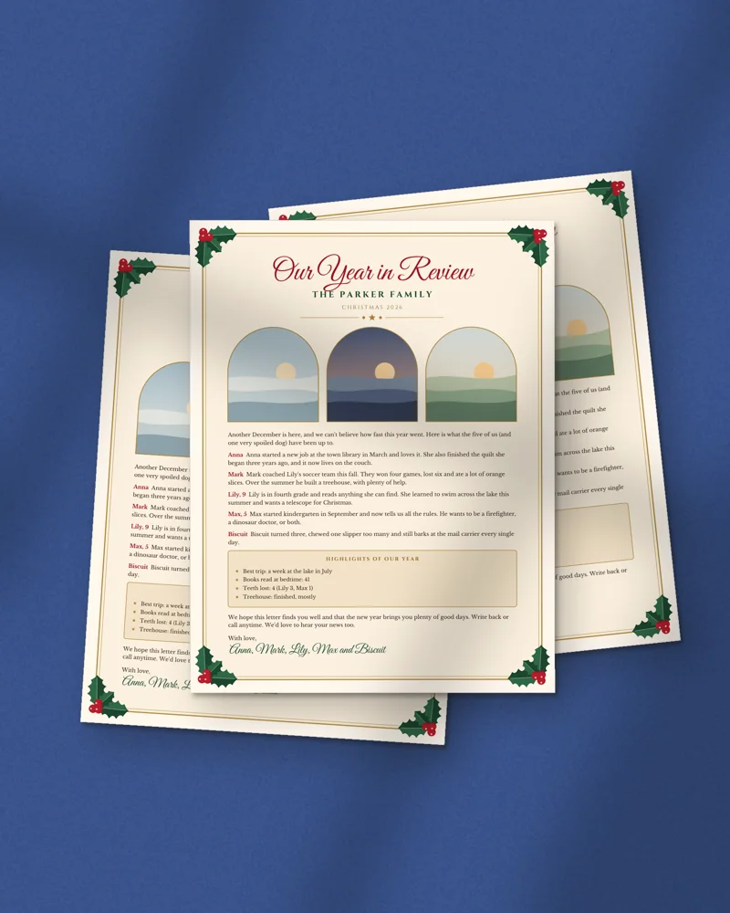 Editable Family Christmas Letter: printed pages fanned out