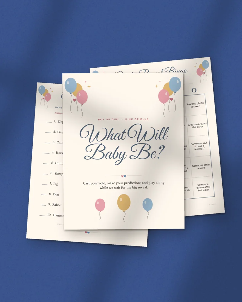 Gender Reveal Party Games Bundle: printed pages fanned out