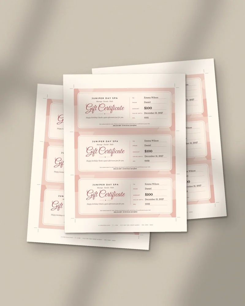 Editable Gift Certificate: printed pages fanned out