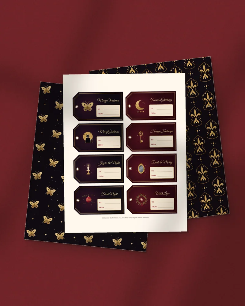 Gothic Christmas Gift Tags and Wrapping Paper: printed pages fanned out