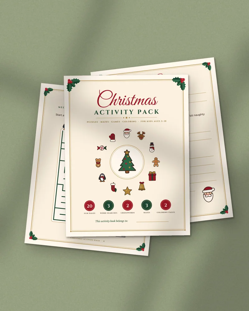 Christmas Activity Pack for Kids: printed pages fanned out