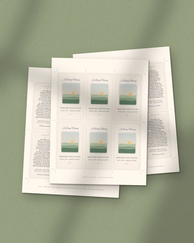 Editable Memorial Prayer Card: printed pages fanned out