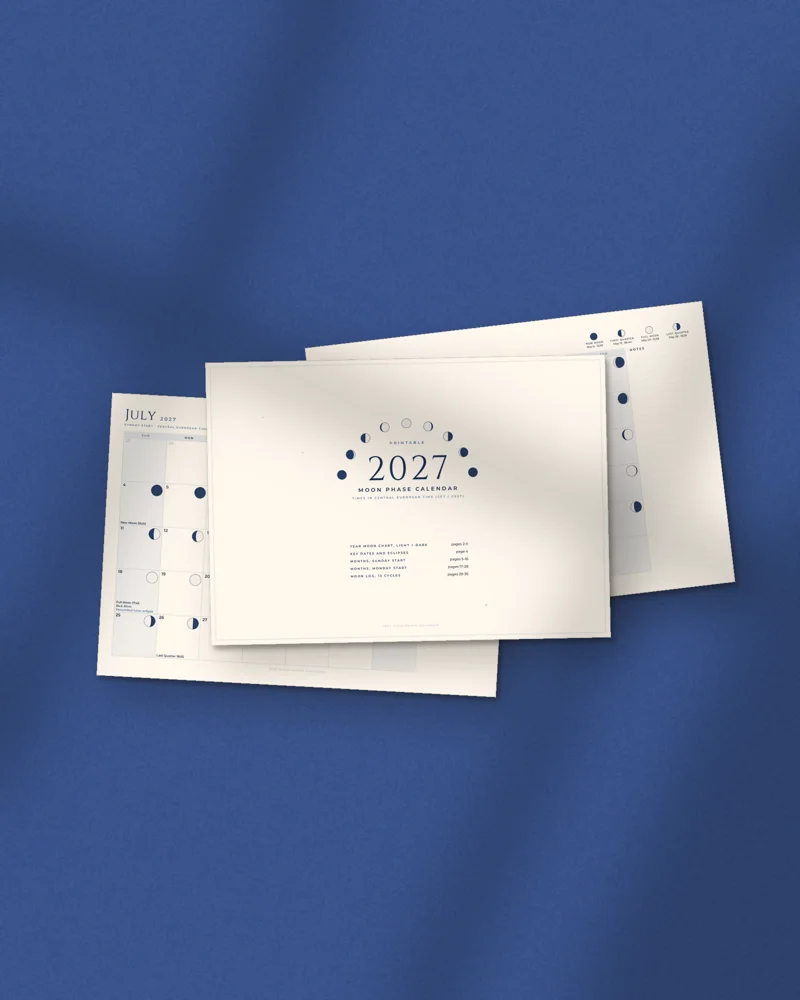 2027 Moon Phase Calendar: printed pages fanned out