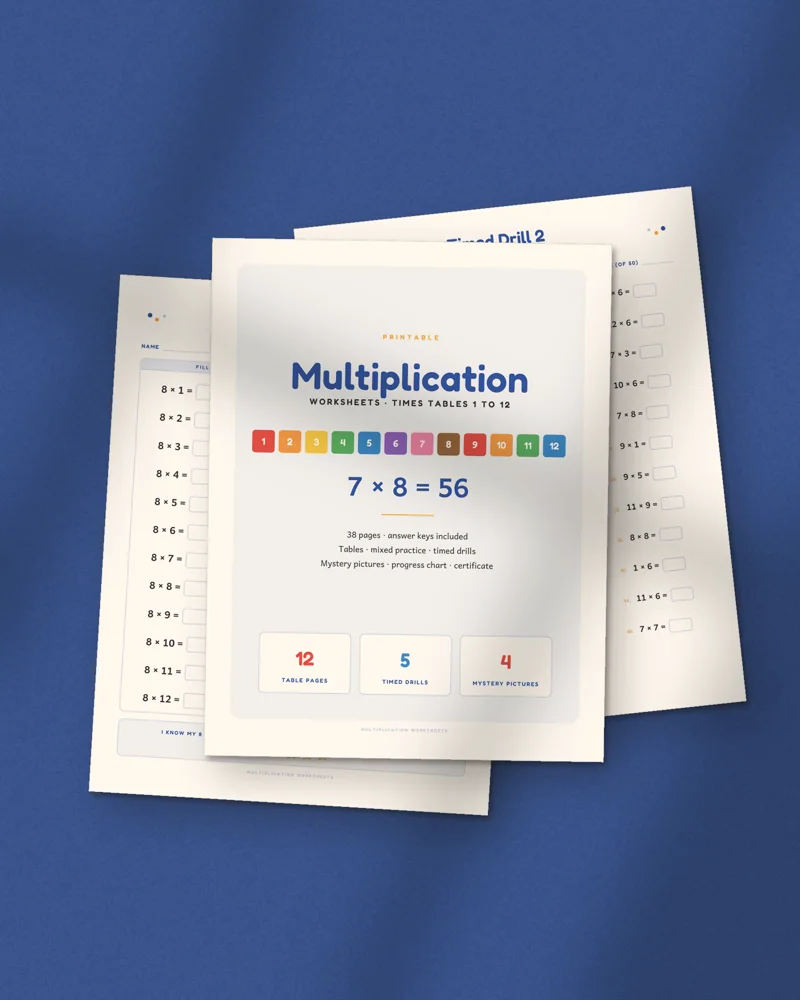 Multiplication Worksheets 1 to 12: printed pages fanned out
