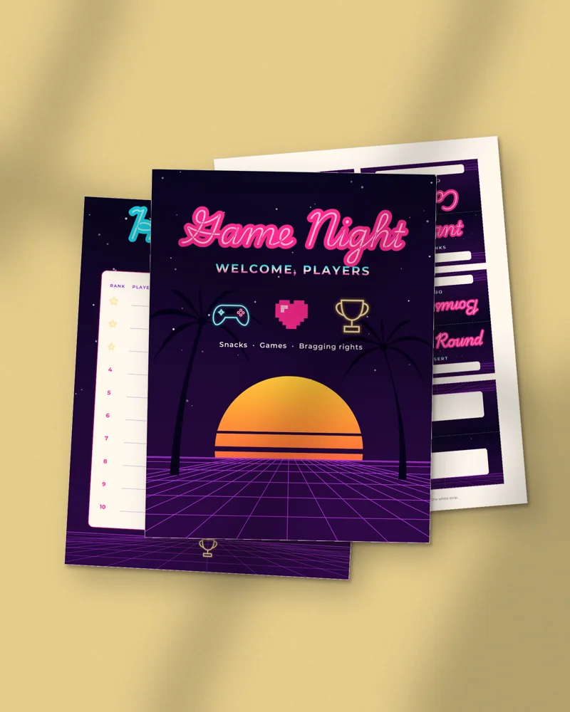 Neon Game Night Party Kit: printed pages fanned out