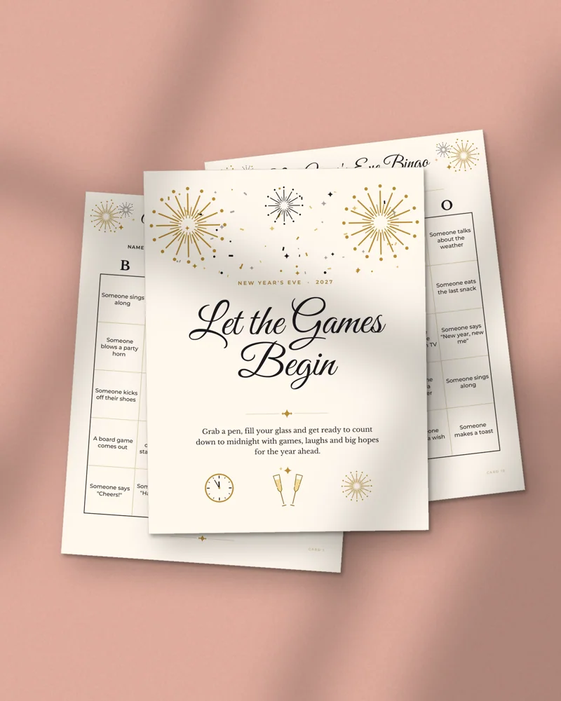 New Year's Eve Party Games 2027: printed pages fanned out