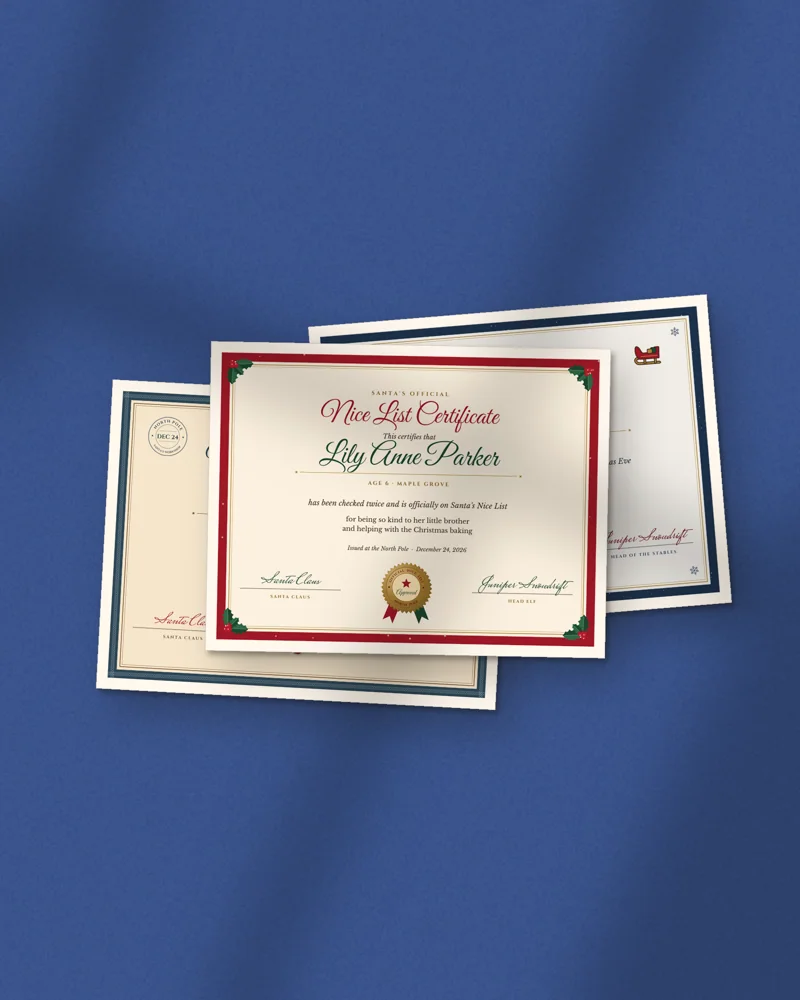 Personalized North Pole Certificate: printed pages fanned out