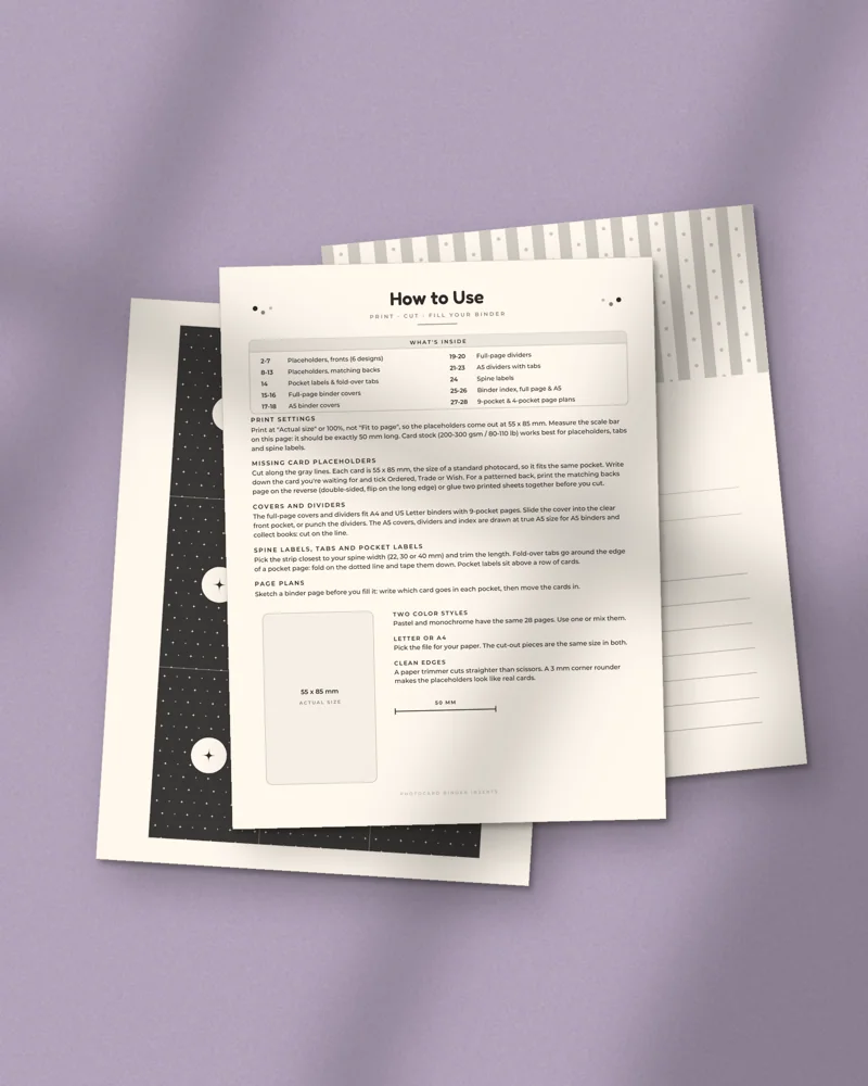 Photocard Binder Inserts and Dividers: printed pages fanned out