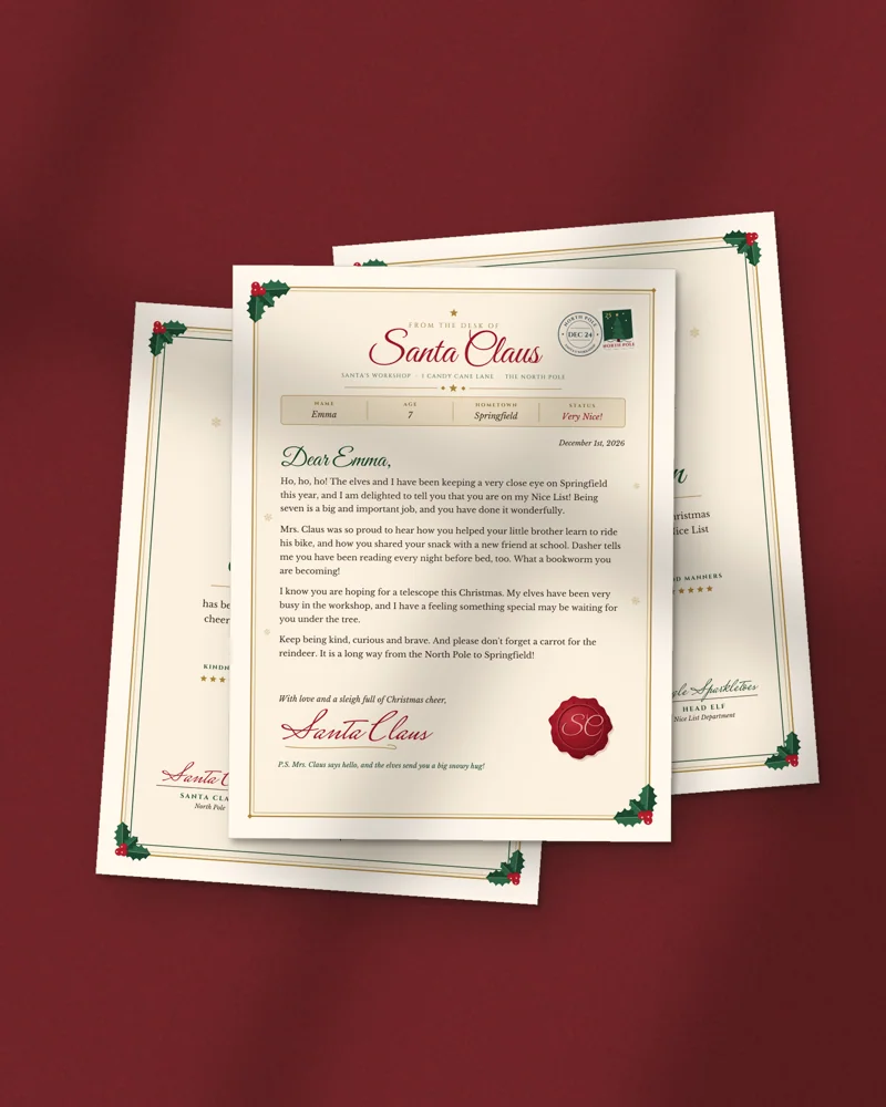 Editable Letter from Santa with Nice List Certificate: printed pages fanned out