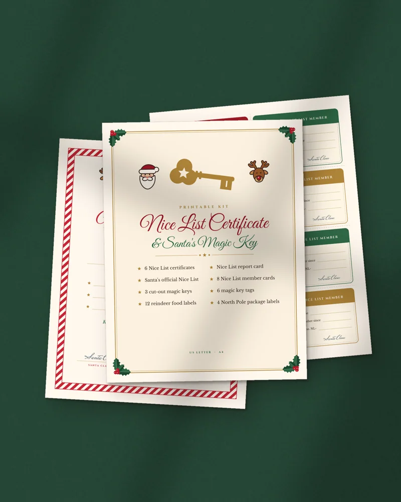 Nice List Certificate and Santa Key Kit: printed pages fanned out
