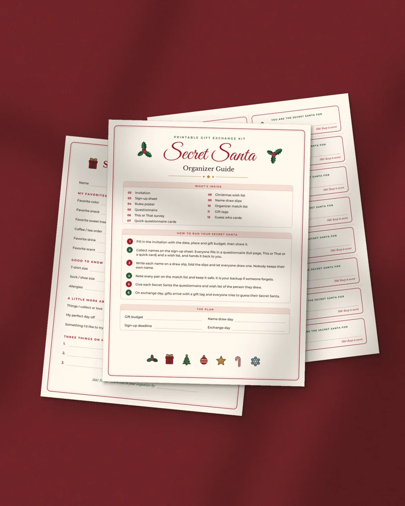 Secret Santa Questionnaire and Gift Exchange Kit: printed pages fanned out