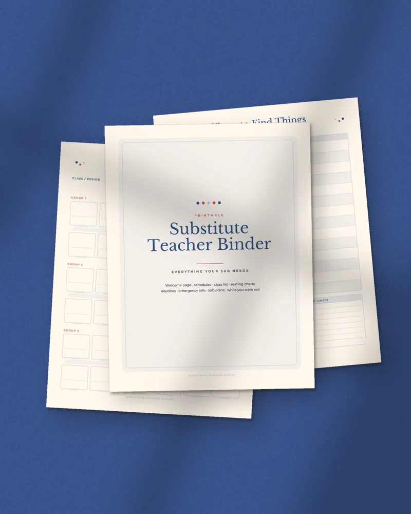 Substitute Teacher Binder: printed pages fanned out