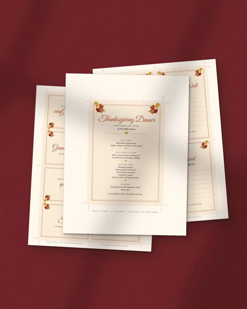 Editable Thanksgiving Menu, Place Cards and Thankful Cards: printed pages fanned out
