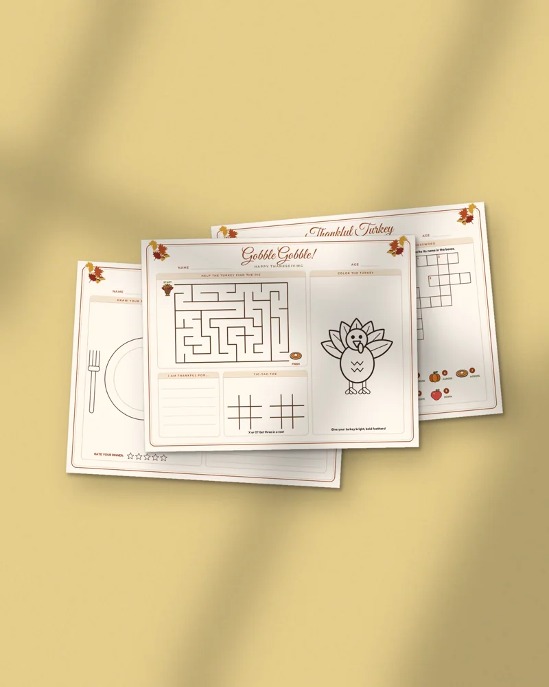 Thanksgiving Kids Activity Placemats: printed pages fanned out