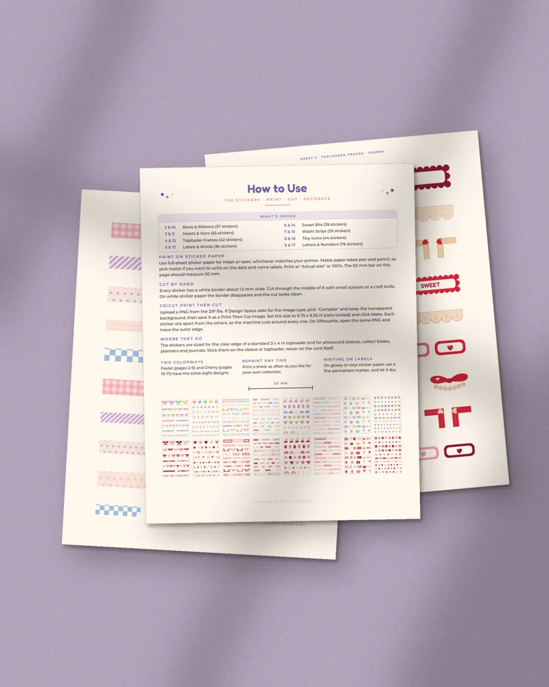 Toploader Deco Sticker Sheets: printed pages fanned out