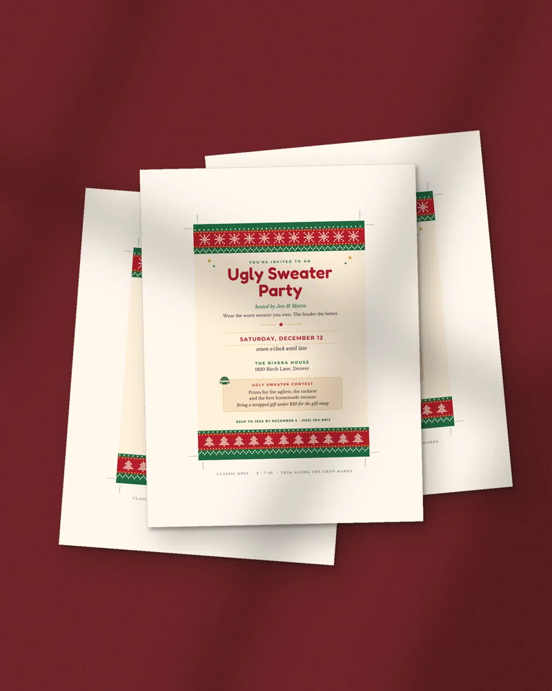 Editable Ugly Sweater Party Invitation: printed pages fanned out
