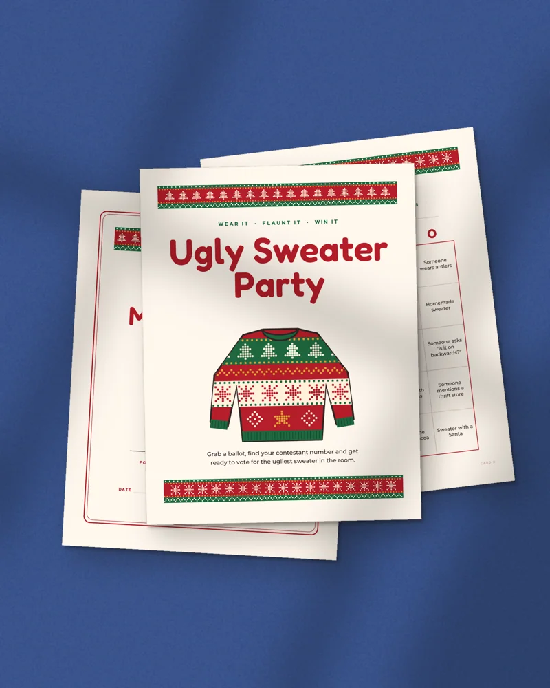 Ugly Sweater Party Games and Contest Kit: printed pages fanned out