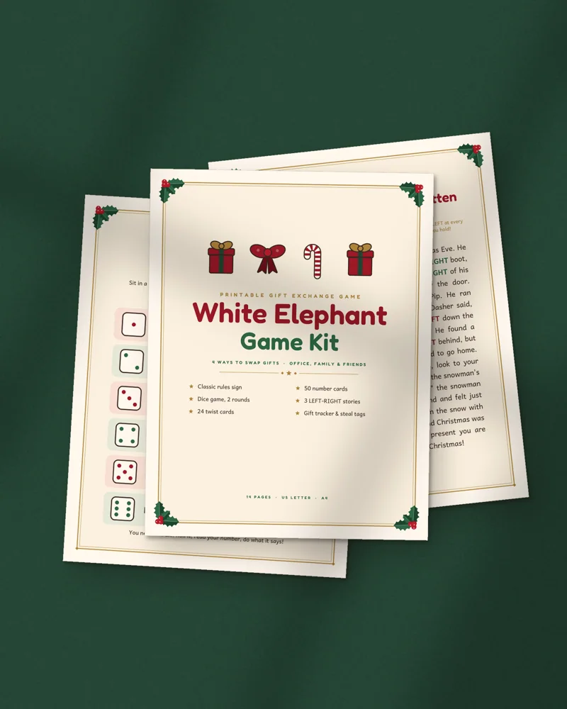 White Elephant Gift Exchange Game Kit: printed pages fanned out