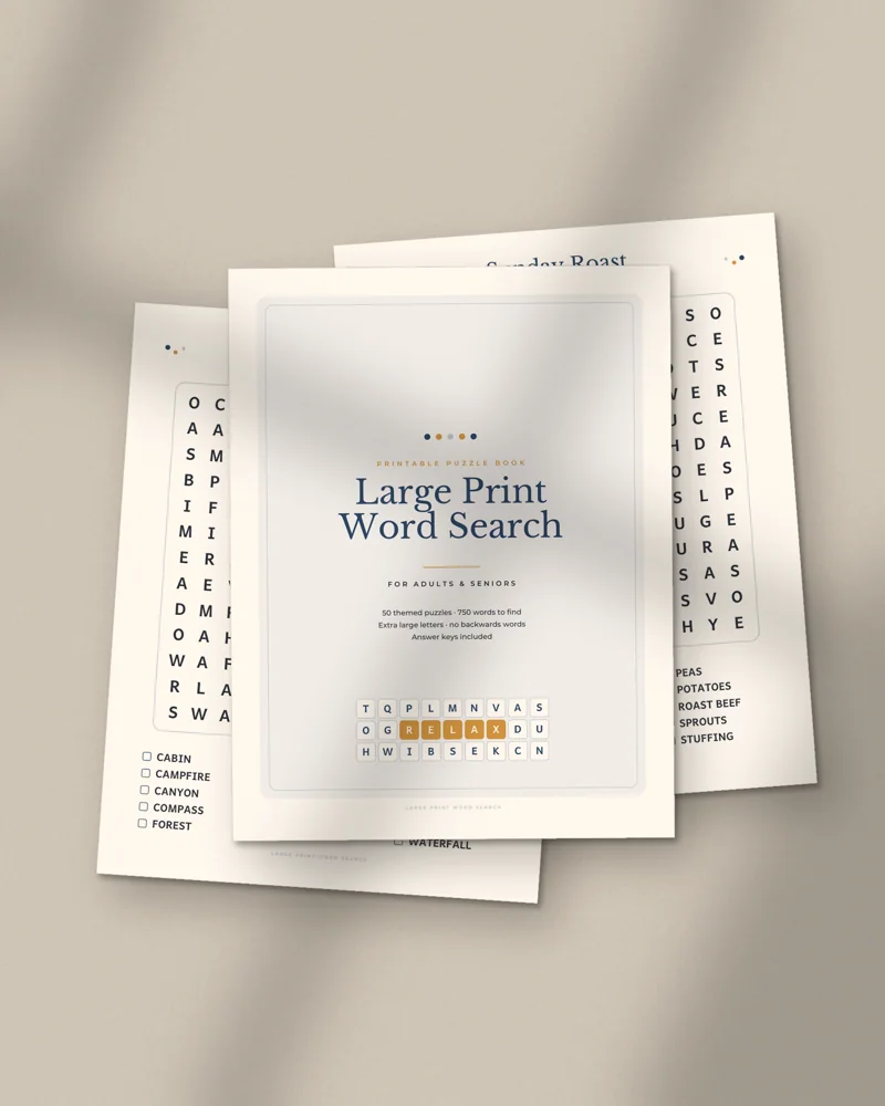 Large Print Word Search for Adults: printed pages fanned out