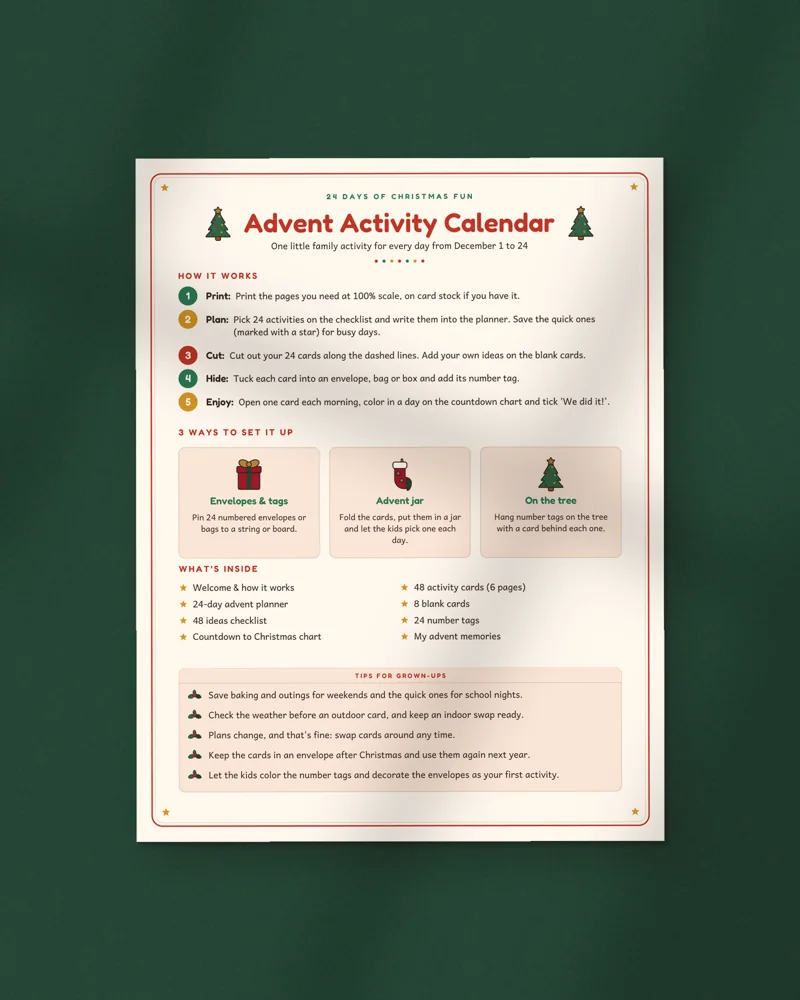 Kids Advent Activity Calendar: the cover, printed