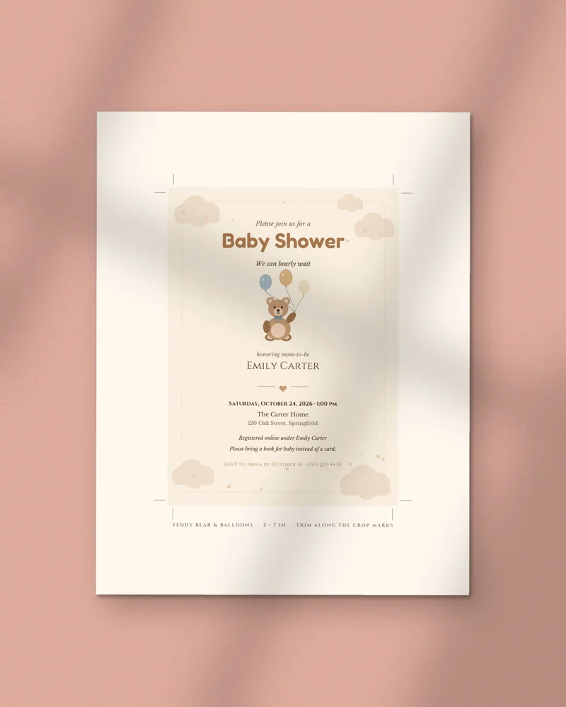 Editable Baby Shower Invitation: the cover, printed