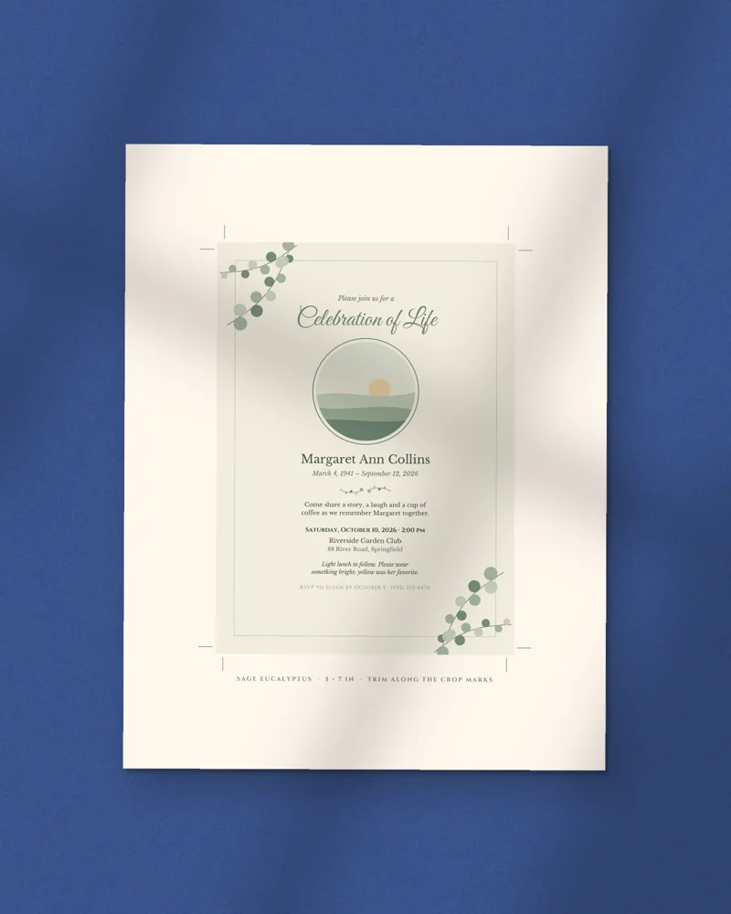 Editable Celebration of Life Invitation: the cover, printed