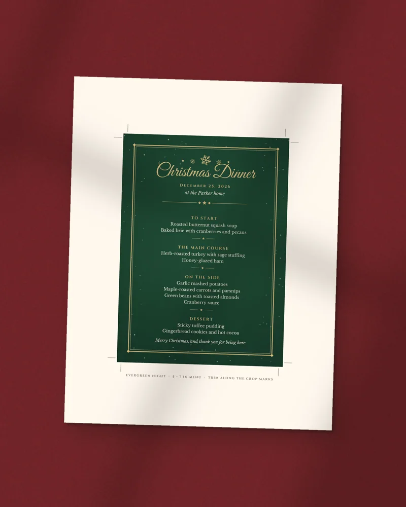 Editable Christmas Dinner Menu and Place Cards: the cover, printed