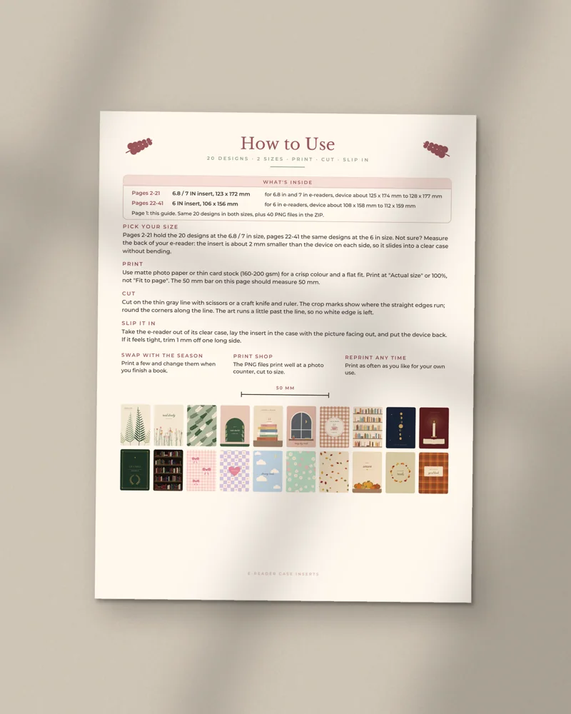 E-reader Case Inserts: the cover, printed