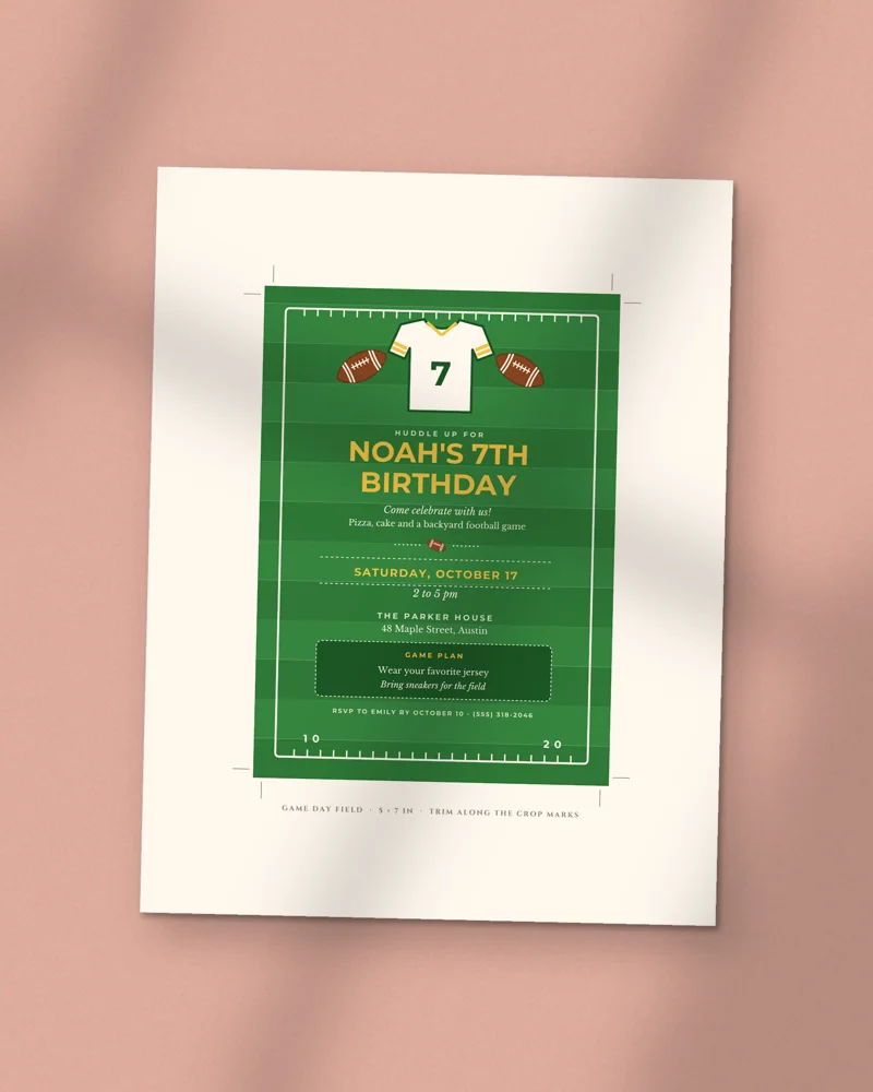 Editable Football Birthday Invitation: the cover, printed