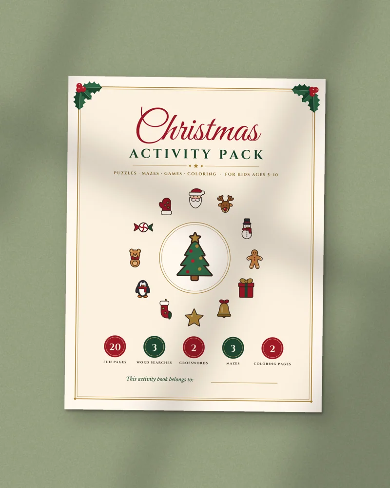 Christmas Activity Pack for Kids: the cover, printed