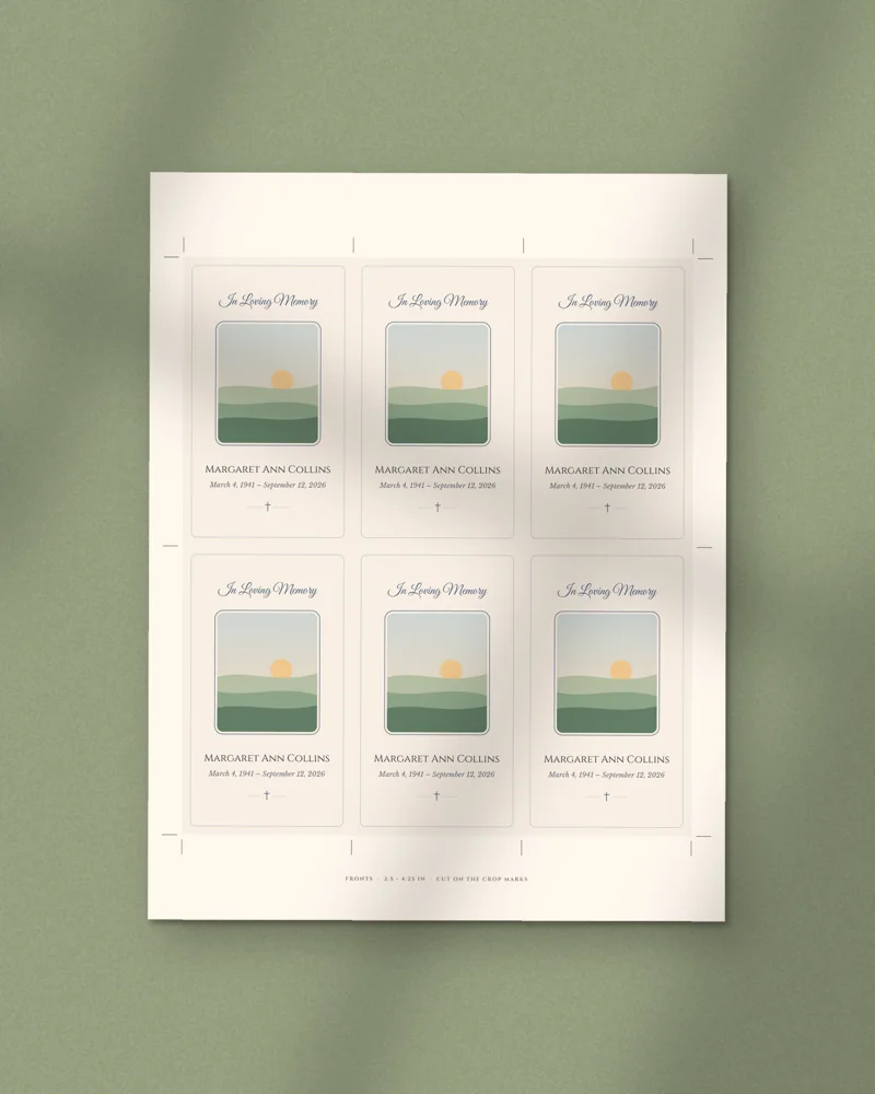 Editable Memorial Prayer Card: the cover, printed