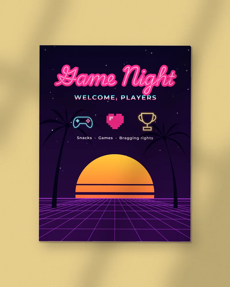 Neon Game Night Party Kit: the cover, printed