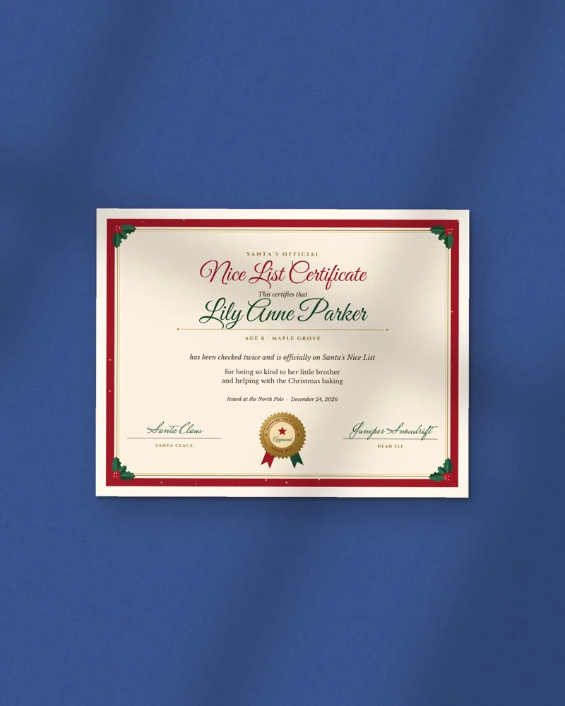 Personalized North Pole Certificate: the cover, printed