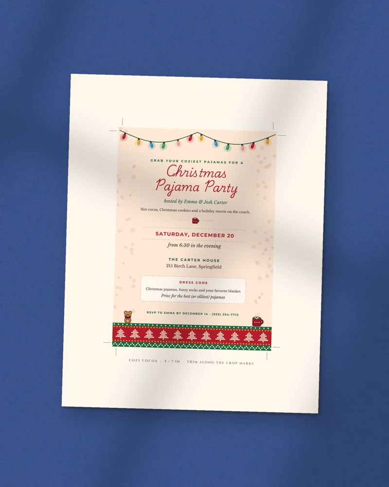 Editable Christmas Pajama Party Invitation: the cover, printed