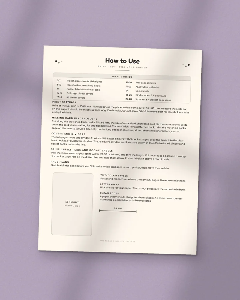 Photocard Binder Inserts and Dividers: the cover, printed