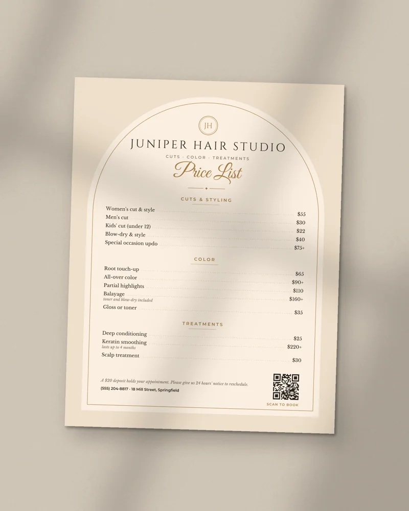 Editable Price List Template: the cover, printed