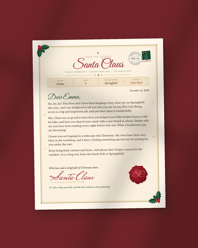 Editable Letter from Santa with Nice List Certificate: the cover, printed